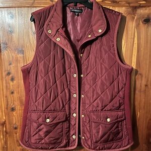British Khaki Burgundy Quilted Vest with Gold Accents